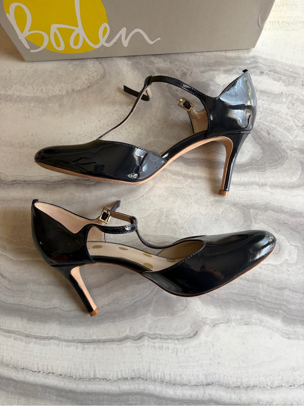 BODEN Navy Patent Buckle Pumps